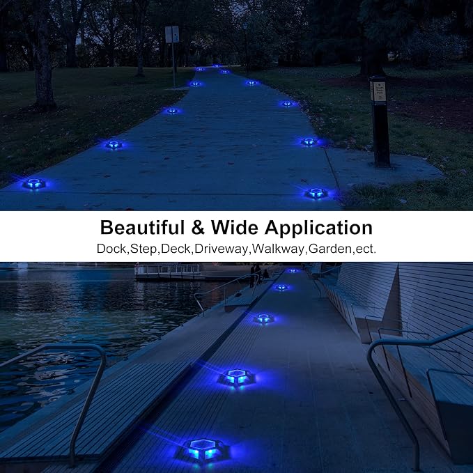 Solar Dock Lights Driveway Deck Lights - 8 Packs Waterproof 1200mAh Outdoor LED Aluminum Dock Lighting Warning Step Light for Driveway Sidewalk Garden Pathway Yard (Blue)