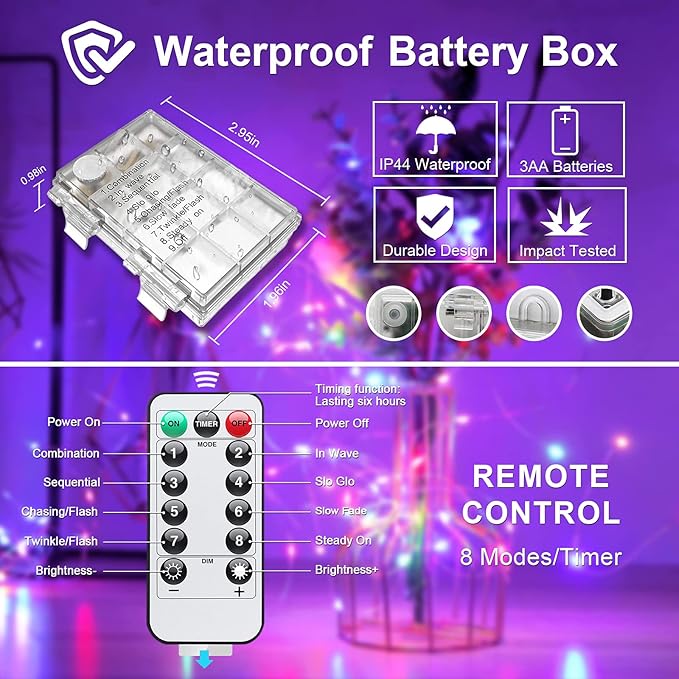 JMEXSUSS 33ft 100 LED Purple Christmas Lights, Battery Operated Christmas Lights with Remote Indoor Outdoor, Purple String Lights for Tree Room Proch Yard Xmas Decor