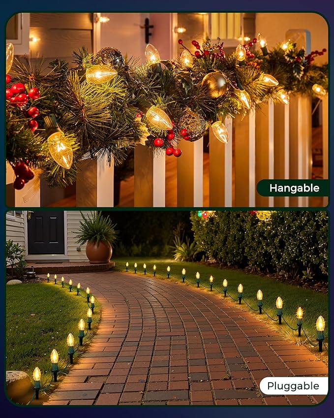 C9 Christmas Lights Outdoor, 102.8ft 80 Bulb Pathway Lights with Stakes, Warm White