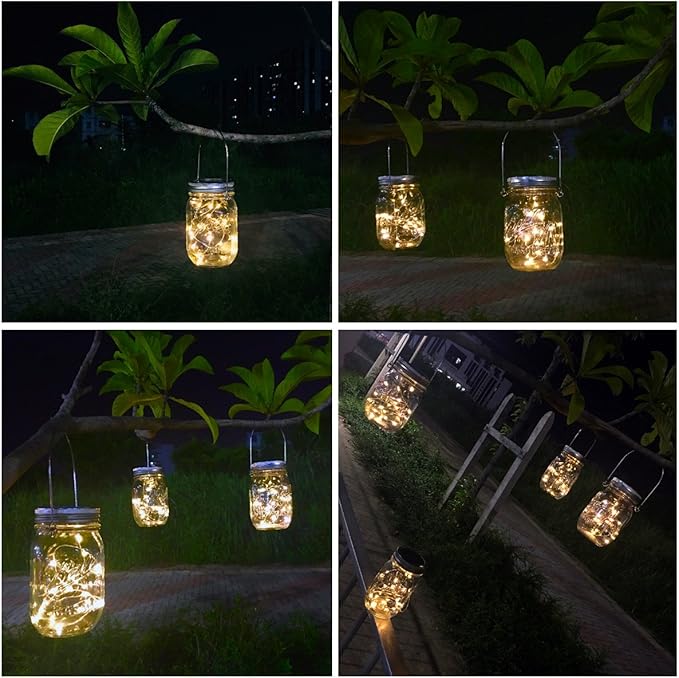 Solar Mason Jar Lights, 4 Pack 30 LEDs Waterproof Fairy Firefly String Lights Build-in Glass Mason Jar, Best Patio Garden Decor Solar Hanging Lanterns Outdoor Warm White (4 Pack-Mason Jars Included)