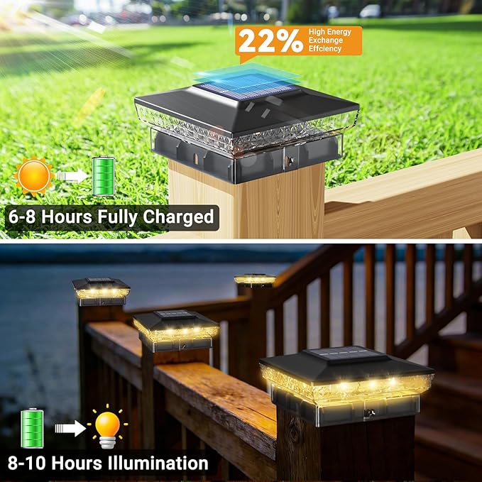 btfarm 4x4 Solar Post Cap Lights Outdoor, 2 Color Modes 16 LED Fence Post Lights Fit 4x4 3.5x3.5 Wooden/Vinyl, Bright Waterproof Solar Powered Deck Lighting Outside for Patio Porch Garden, Black