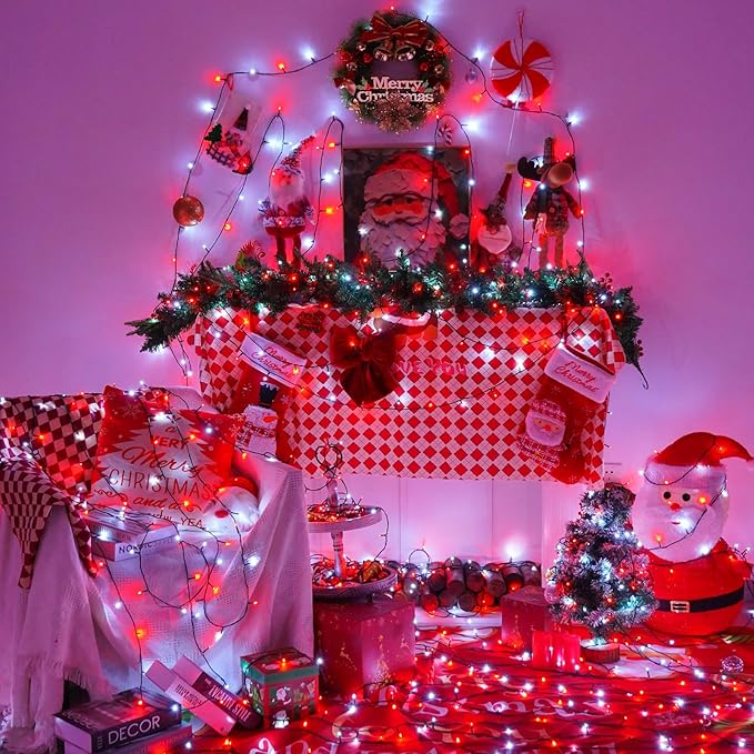 YEGUO Christmas Lights Battery Operated, 2 Pack Each 33ft 100 LED Red and White String Lights Outdoor Waterproof, 8 Modes Green Wire Fairy Light Indoor with Remote