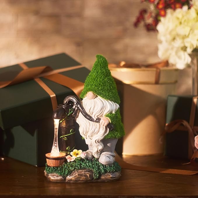 TERESA'S COLLECTIONS Garden Outdoor Decor, Garden Gnomes Decor with Solar Lights, St Patricks Decorations for Outdoor Decor, Waterproof Resin Decorations for Porch Patio, Gift for Dad and Mom, 10"