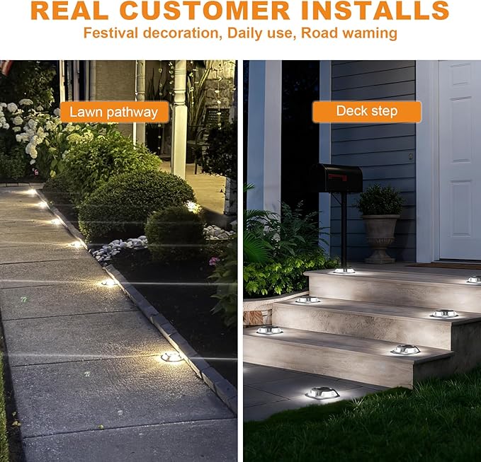 VOLISUN Solar Driveway Dock Marine Lights 8-Pack,2 Colors in 1,Outdoor LED Deck Lights,Solar Powered Waterproof Warning Step Light for Driveway Sidewalk Pathway (White/Warm White),Saltwater Resistant