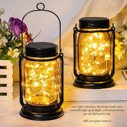 Outdoor Garden Hanging Lanterns, Outdoor Solar Lantern Auto Sensing ABS Glass Soft Warm Light Mason Jar Solar Light for Garden Backyard Ground