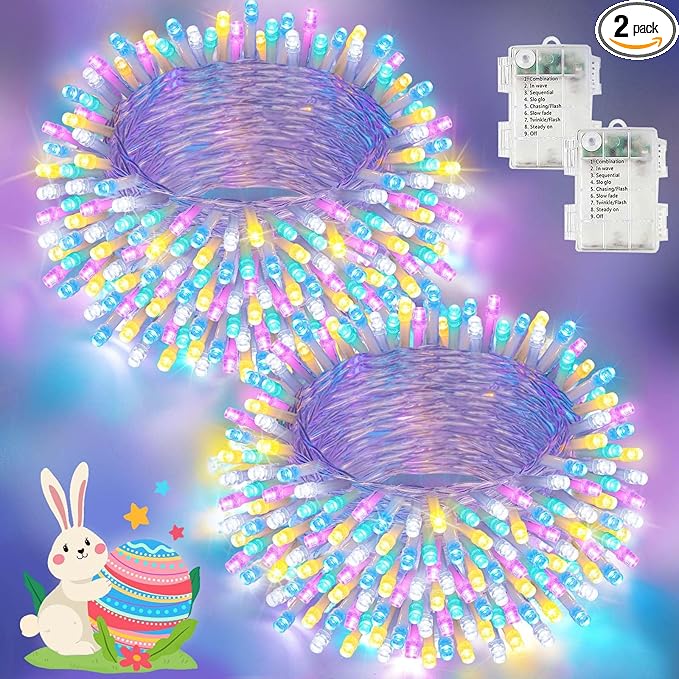 Easter Lights Battery Operated Twinkle Lights, 2 Pack 66FT 200LED Multicolor easter String Lights, 8 Modes Waterproof Pastel Light Indoor Outdoor, Fairy Lights for Room Garden Party Easter Decorations