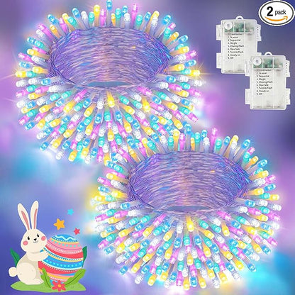 Easter Lights Battery Operated Twinkle Lights, 2 Pack 66FT 200LED Multicolor easter String Lights, 8 Modes Waterproof Pastel Light Indoor Outdoor, Fairy Lights for Room Garden Party Easter Decorations