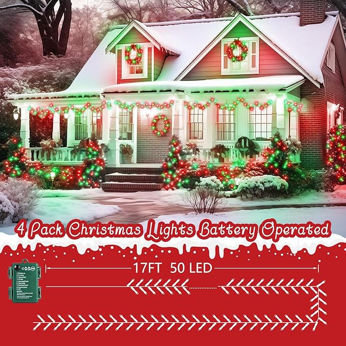 Christmas Fairy Lights 4-Pack, 66ft 200 LED Battery Twinkle Lights