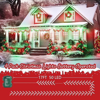 Christmas Fairy Lights 4-Pack, 66ft 200 LED Battery Twinkle Lights