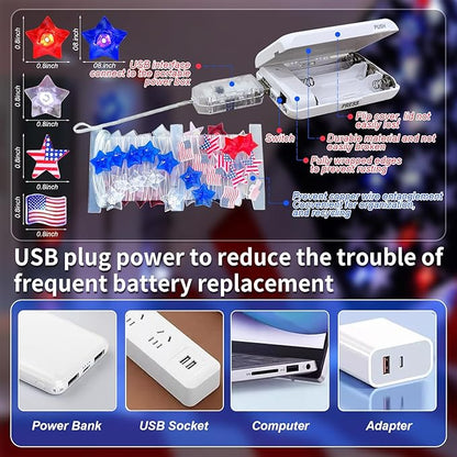 4th of July Independence Day Decorative Lights, Red White Blue 50 LED 16 FT Star-Shaped Patriotic Lights, USB Plug and Battery Powered Indoor-Outdoor Party Party (1 Pac)