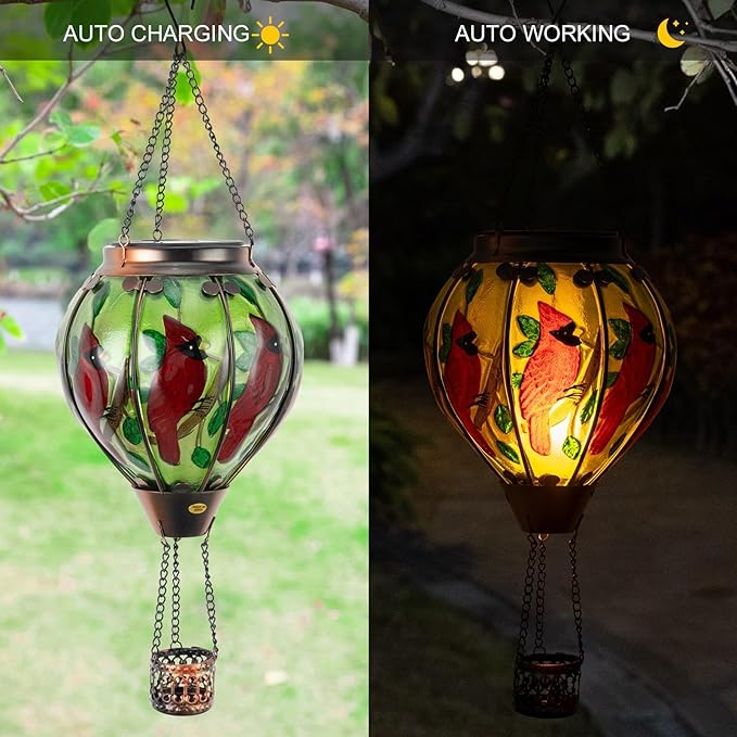 Larekook Cardinal Hot Air Balloon Solar Lantern Outdoor Waterproof,Solar Hot Air Balloon Lantern with Flame Flickering Hanging Garden Light for Patio Porch Yard Lawn,Cardinal Gifts for Women