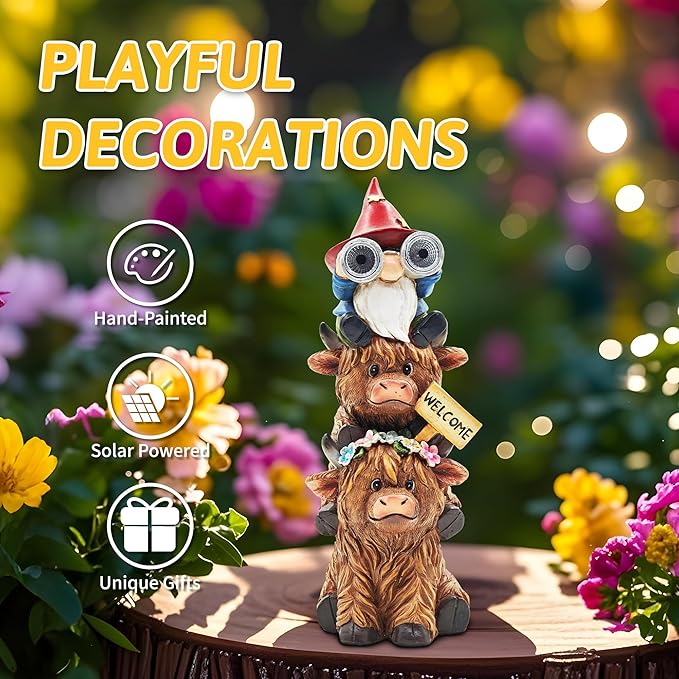 Christmas Garden Gnomes Outdoor Statue: 11'' Highland Cow Decor with Welcome Sign Funny Triple Yard Decorations with Solar Light Unique Birthday Gifts for Women Mother Grandma