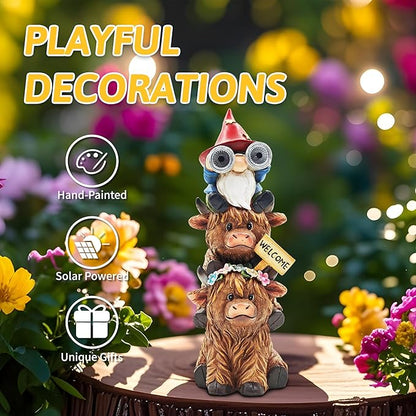 Christmas Garden Gnomes Outdoor Statue: 11'' Highland Cow Decor with Welcome Sign Funny Triple Yard Decorations with Solar Light Unique Birthday Gifts for Women Mother Grandma