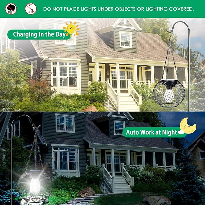 2-Pack Hanging Solar Outdoor Lanterns, Decorative Waterproof LED