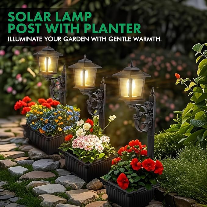 Solar Lamp Post Light with Planter, 2 in 1 Outdoor Flower Pots, 3000K Solar Lamps Outdoor Waterproof, Wall Mount or Freestanding for Garden, Patio, Yard, Front Porch, Back Door (Flowers not Included)
