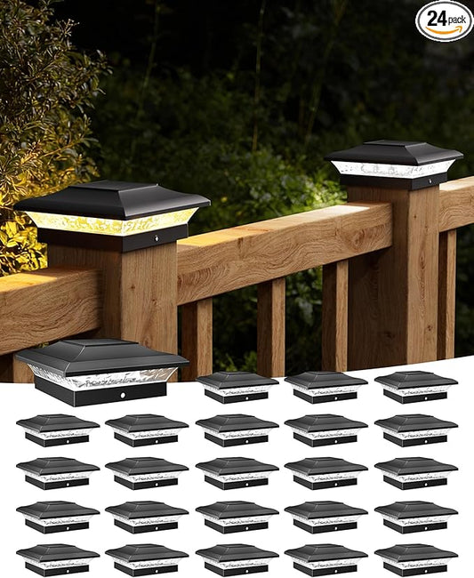 T-SUN 4x4 Fence Post Solar Lights Outdoor Waterproof - Auto Dusk to Dawn Solar Lighting for Deck, Vinyl/Wooden Posts | 24 Pack Weatherproof Warm & Cool White Patio Lights (Black)