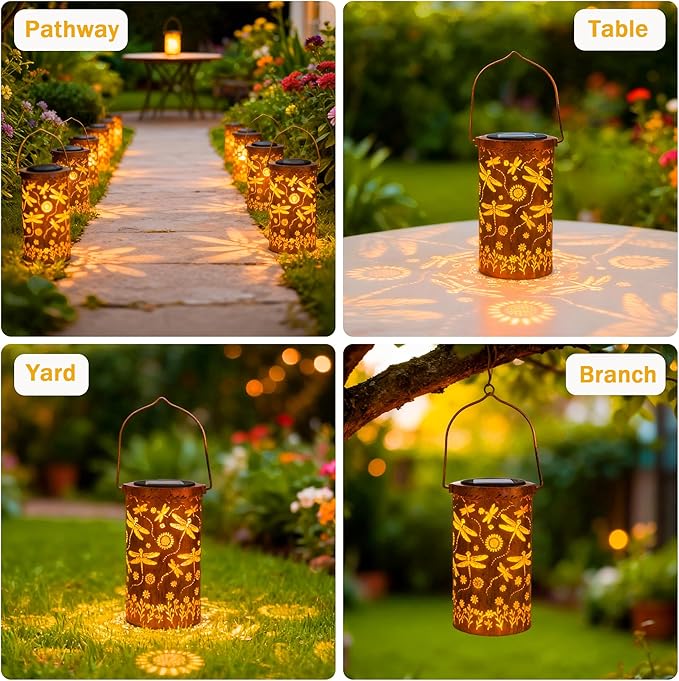 Dragonfly Flower Solar Lanterns Outdoor Waterproof, Birthday Gifts for Women Mom Grandma, Hanging Solar Lights for Yard, Patio, Porch, Garden Decor, Christmas Gifts for Her/Him