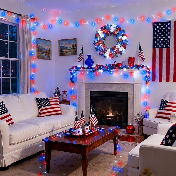 JMEXSUSS 4 Pack 50 LED Red White and Blue String Lights Battery Operated, Each 16.5ft 4th of July Lights Outdoor Waterproof, 8 Modes Patriotic Light with Timer for Independence Day Memorial Day