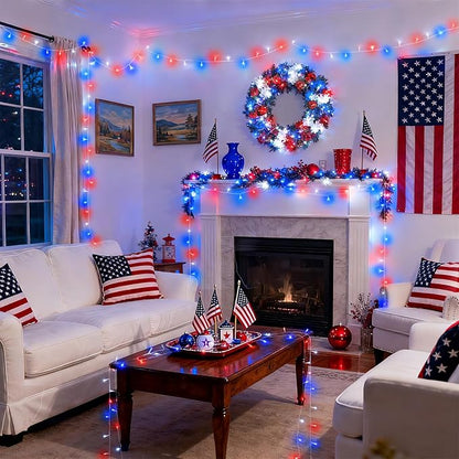 JMEXSUSS 4 Pack 50 LED Red White and Blue String Lights Battery Operated, Each 16.5ft 4th of July Lights Outdoor Waterproof, 8 Modes Patriotic Light with Timer for Independence Day Memorial Day