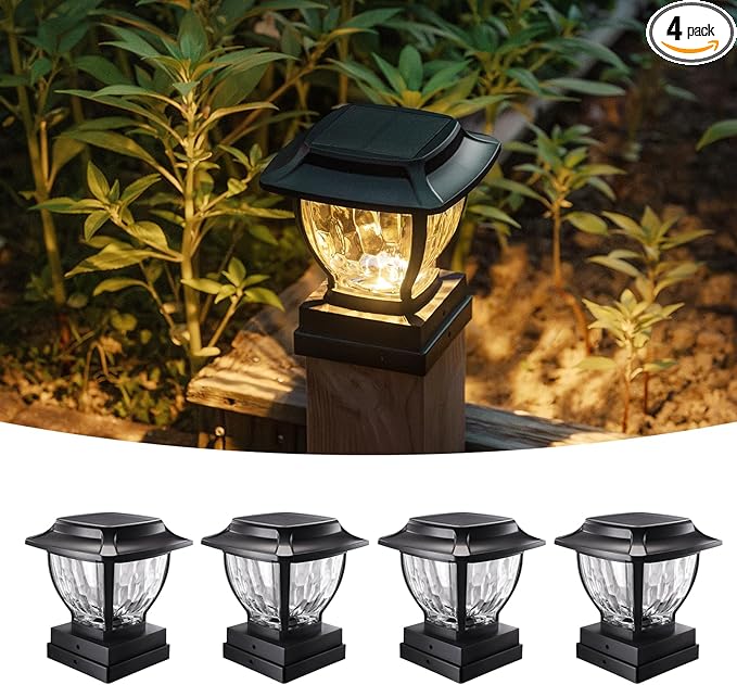 Warm White Solar Fence Post Caps 4-Pack, Fence LED