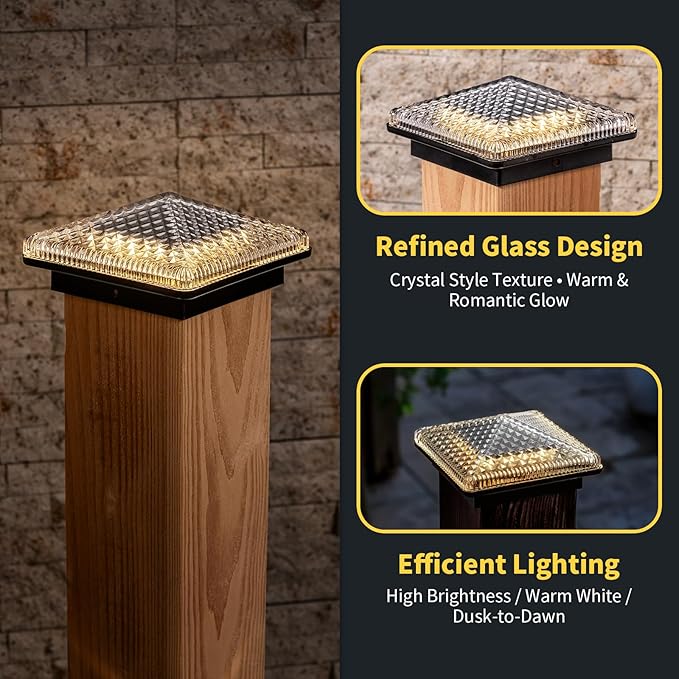 Glass Solar Post Cap Lights with Crystal Style - Decorative Deck Fence Lights for 4x4 5x5 Posts Hidden Solar Panel, Modular Design, 10Hr Runtime, IP65, Warm White, Black, 8 Pack