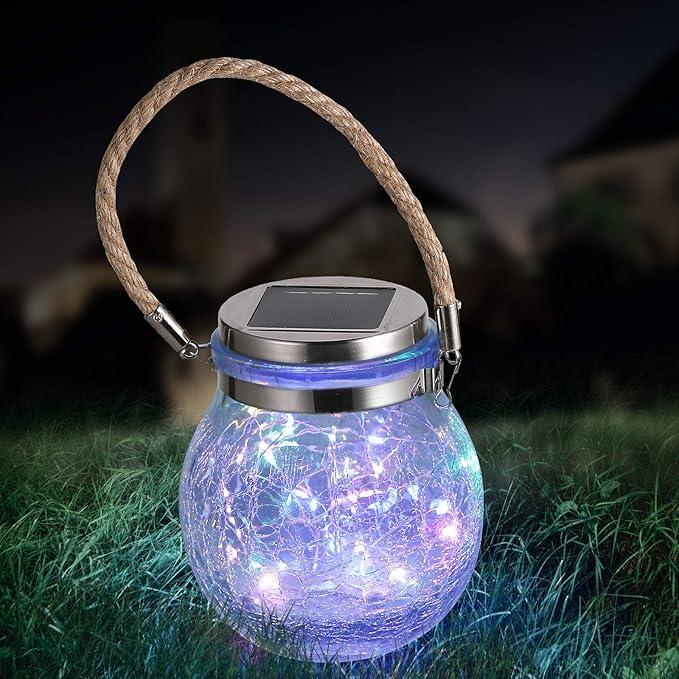 Solar Hanging Lanterns Outdoor Waterproof, Table Lamps Decorative Cracked Glass Jar 30 LED Lights for Garden Tree Court Yard Patio Pathway Christmas Day Holiday Party Decoration (1, Colors Light)