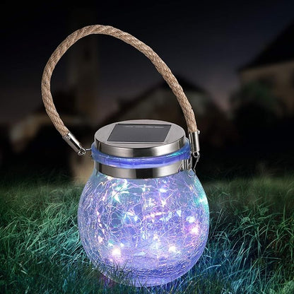 Solar Hanging Lanterns Outdoor Waterproof, Table Lamps Decorative Cracked Glass Jar 30 LED Lights for Garden Tree Court Yard Patio Pathway Christmas Day Holiday Party Decoration (1, Colors Light)