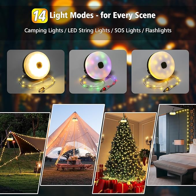 Camping Tent String Lights, 33ft Rechargeable LED