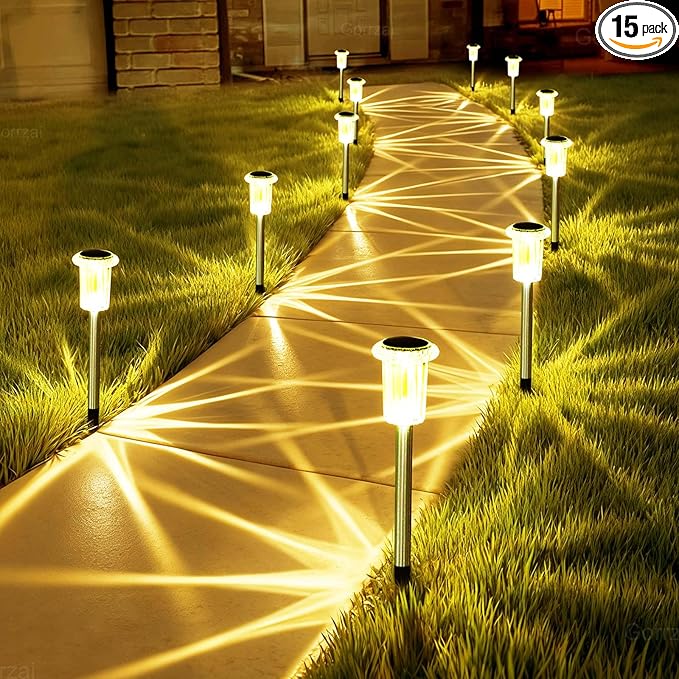 Solar Lights Outdoor 15 Pack Solar Pathway Lights LED Waterproof Stainless Steel Garden Stake for Yard, Outside, Walkway, Sidewalk, Driveway, Lawn (Warm White)