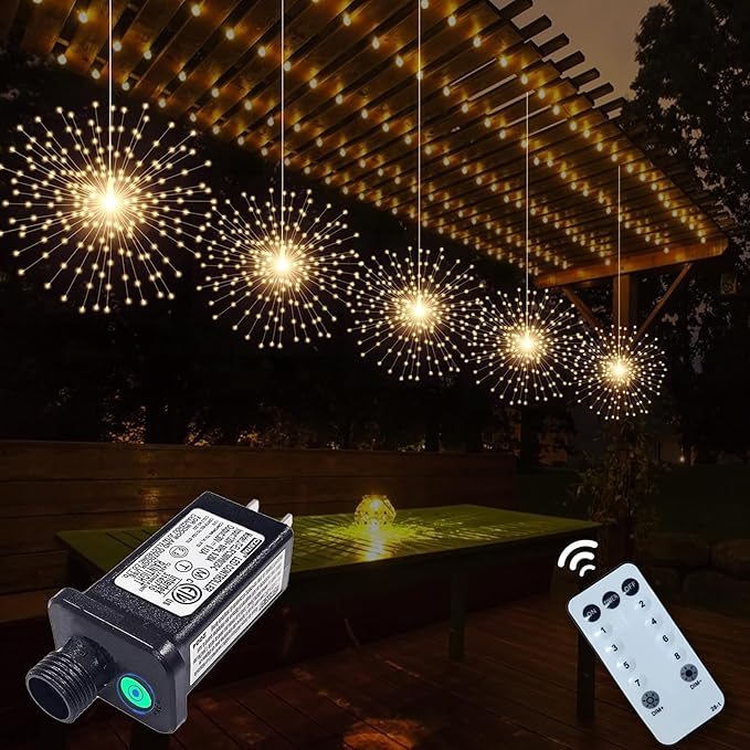 5 Pcs 1000 LED Plug-in Starburst Sphere Lights, Firework Light 8 Modes Dimmable Remote Control Waterproof Hanging Fairy Light, Copper Wire Lights for Patio Party Tent Christmas (Warm White)