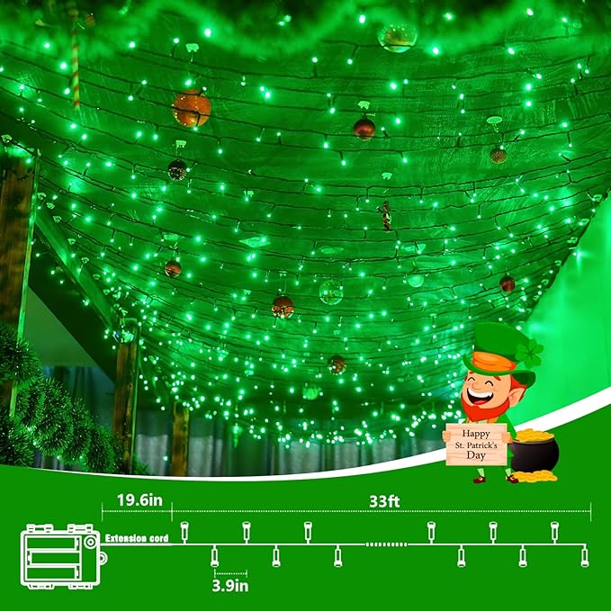 QITONG 2 Pack Green St Patrick's Day Battery Lights, Each 33ft 100 LED Battery Operated String Lights Outdoor, Green Wire Twinkle Christmas Lights Indoor with Remote