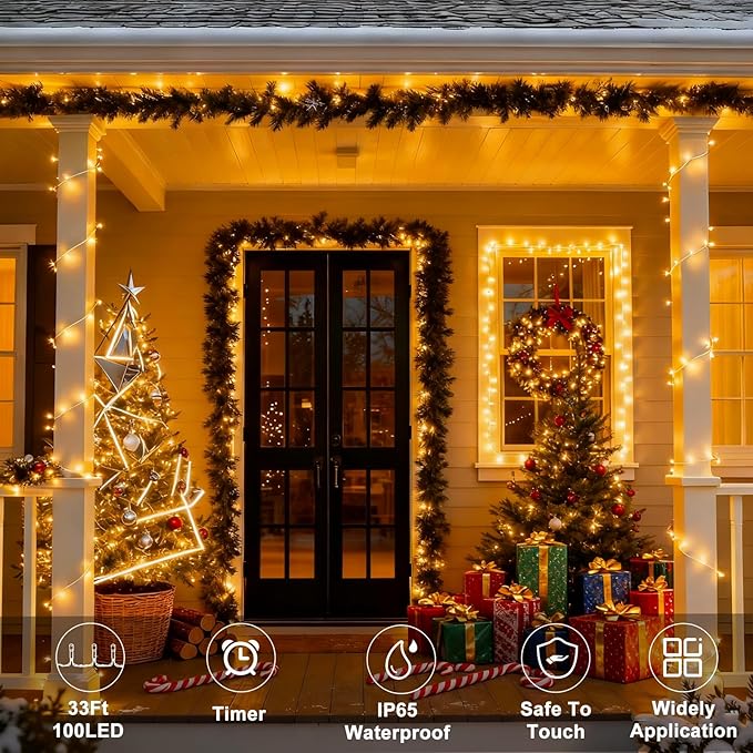 33ft Christmas LED String Lights, Waterproof Timer Lights
