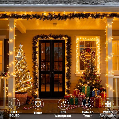 echosari Christmas String Lights Battery Powered, 33Ft 100 LED String Lights with Remote Dimmable Timer Fairy Lights for Wedding Party Garden Decor (Warm White)
