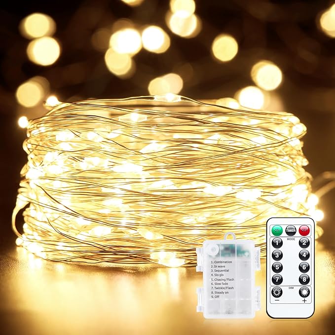 Fairy Lights Battery Operated, 33FT 100LED Waterproof Lights Long Lasting Silver Wire Starry Fairy String Lights for Bedroom, Dorm, Christmas, Tree, Wedding, Mason Jar, Holiday Decor