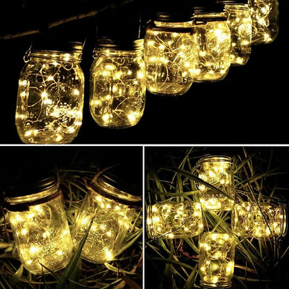 SmilingTown Solar Mason Jar Lights 10 Pack 20 LED Waterproof Outdoor Fairy Firefly String Light Lids with 10 Hangers Rust Resist for Patio Lawn Garden Wedding Lantern Decor No Jars (Warm White)