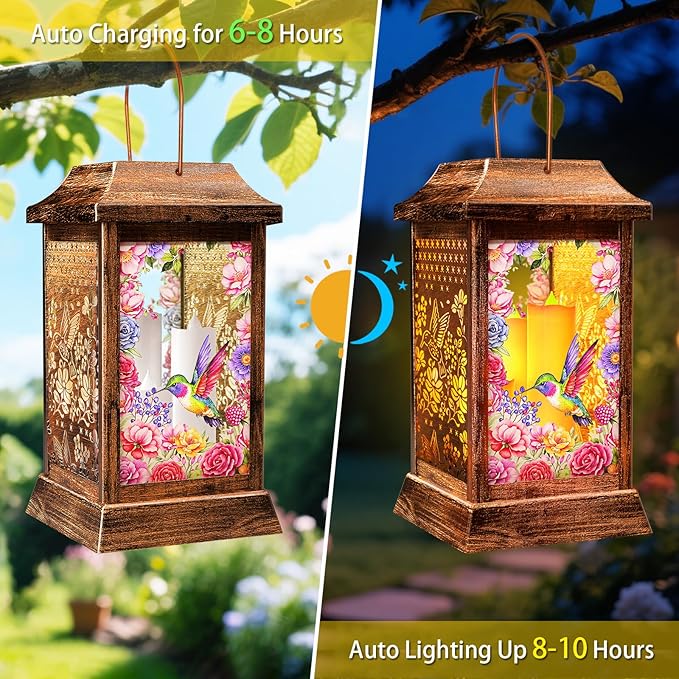 Hummingbird Solar Lanterns Outdoor Waterproof, Metal & Glass Hanging Lights Garden Decor, Birthday Gifts for Christmas Women Mom Mothers Day, Decorative Lights for Outside Yard Patio Backyard Porch