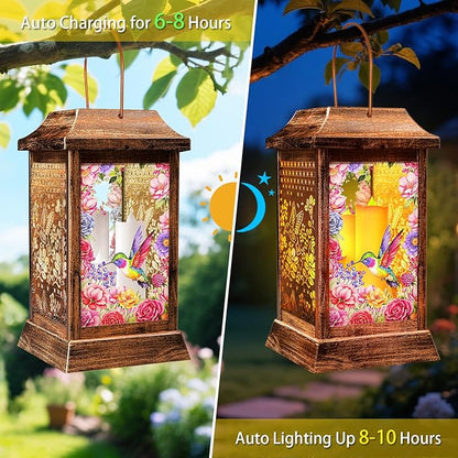 Hummingbird Solar Lanterns Outdoor Waterproof, Metal & Glass Hanging Lights Garden Decor, Birthday Gifts for Christmas Women Mom Mothers Day, Decorative Lights for Outside Yard Patio Backyard Porch
