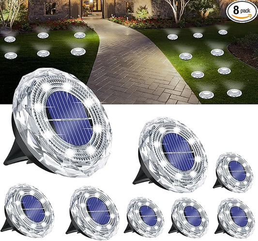 Solar Ground Light Outdoor 8 Pack Mini Solar Grounf Lights Waterproof Landscape Lighting Solar Powered Pathway Lights LED Disk Light for Patio Lawn Driveway Yard Decor, Cool White