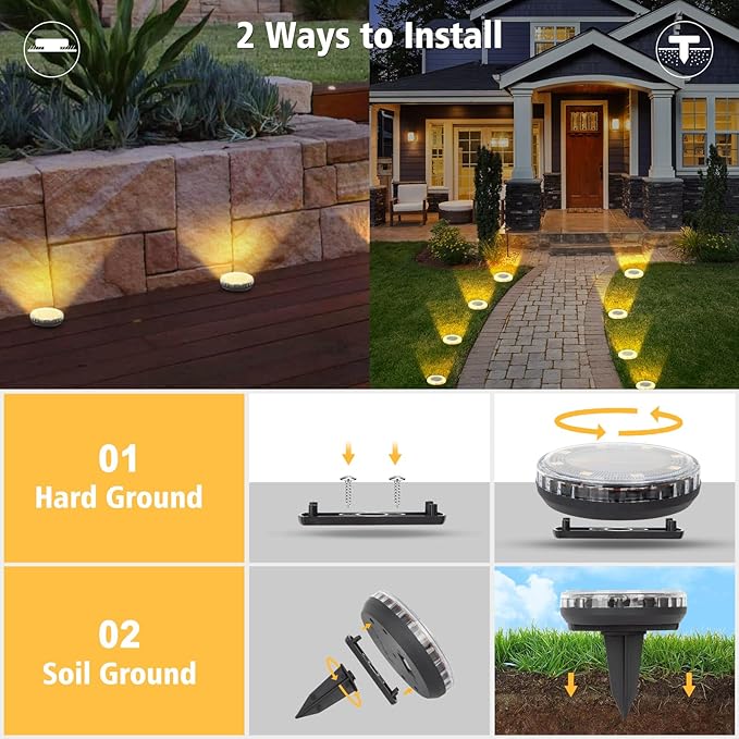 8 Pack Solar Ground Lights Outdoor, 8 LED Solar Disk Lights, IP65 Waterproof Long Lasting Flat Light for Garden Pathway Walkway Yard (Warm White)