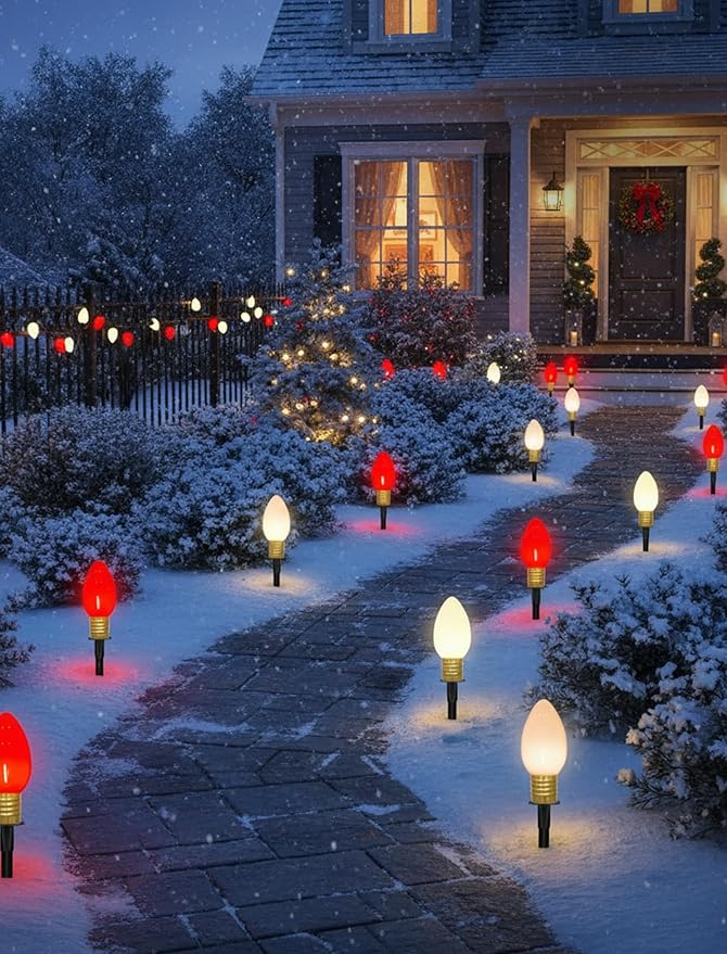 2 Pack Jumbo C9 Christmas Pathway Lights, 14FT Red & White LED Outdoor Path Lights, Waterproof Connectable Giant C9 Pathway Markers for Yard, Garden, Walkway, Christmas Decorations