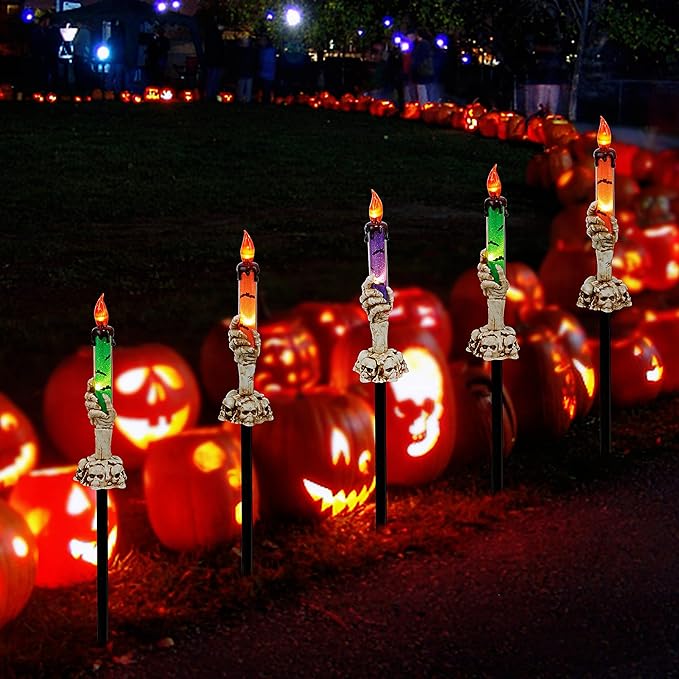 Halloween Candle Light Stakes, 5 Pack Skeleton Hands Hold Lighted Candle Pathway Makers, Waterproof Battery Operated with Timer, Light Up Figurine for Indoor Outdoor Holiday Party