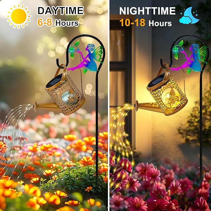 Christma Gifts Solar Lights Garden Decorative, Solar Watering Can with Cascading Lights, Waterproof Metal Lantern with Fairy Shepherd Hook, Outdoor Decor for Yard, Patio, Gifts for Mother's Day, Women
