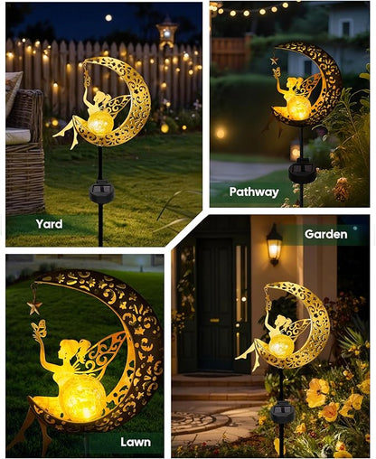 Solar Garden Statues Outdoor Decor, Fairy Moon Figurine Light Stake, Housewarming Ornament for Patio, Lawn, Yard, Pathway - Unique Gift Ideas for Gardening Mom Grandma