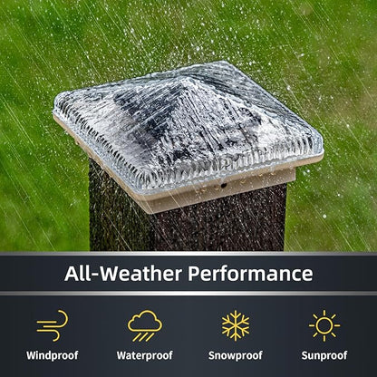 Glass Solar Post Cap Lights with Timber Style - Decorative Deck Fence Lights for 4x4 5x5 Posts Hidden Solar Panel, Modular Design, 10Hr Runtime, IP65, Warm White, White, 4 Pack