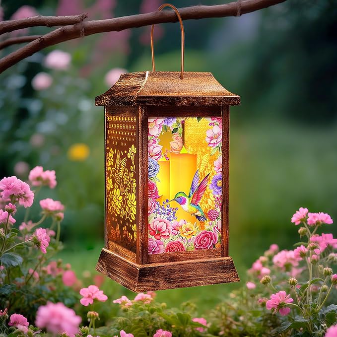 Hummingbird Solar Lanterns Outdoor Waterproof, Metal & Glass Hanging Lights Garden Decor, Birthday Gifts for Christmas Women Mom Mothers Day, Decorative Lights for Outside Yard Patio Backyard Porch