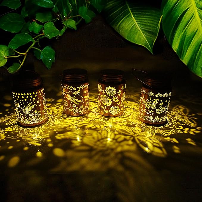 4pack Solar Outdoor Mason Lanterns, Hummingbird Butterfly Dragonfly Sunflower Garden Decor LED Light Hanging Waterproof Metal Lanterns for Patio, Pathway, Yard (Art Deco 4pack)
