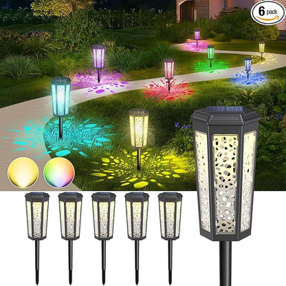 Colored Solar Powered Pathway Landscape Lights Outdoor Warm White & RGB Dusk to Dawn Waterproof for Garden Sideway Outside, Patio, Path, Yard, Walkway, Driveway, 2 Modes 6 Pack Accent Modern Design