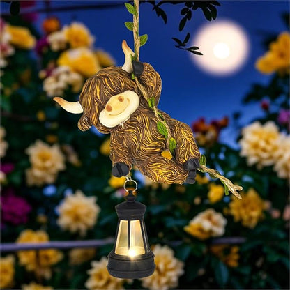 Hanging Christmas Highland Cow Decor: Garden Cow Statues with Solar Lantern Tree Decorations for Outdoor Yard Lawn Patio Porch Ideal Gardening Gifts for Mom Grandma Women