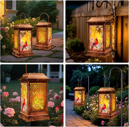 Cardinal Solar Lanterns Outdoor Hanging Lanterns, Metal Glass Garden Decor Solar Lights, Gifts for Women Mom Birthday Grandma Mothers Day, Waterproof Decorative Lantern for Outside Patio Yard
