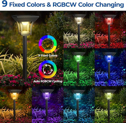 CINOTON 8 Pack RGBCW Solar Pathway Outdoor Lights, 3 Lighting Modes Solar LED Garden Lights, IP65 Waterproof Outside Solar Powered Landscape Lighting for Sidewalk Driveway Backyard RGB/Warm/Cold White